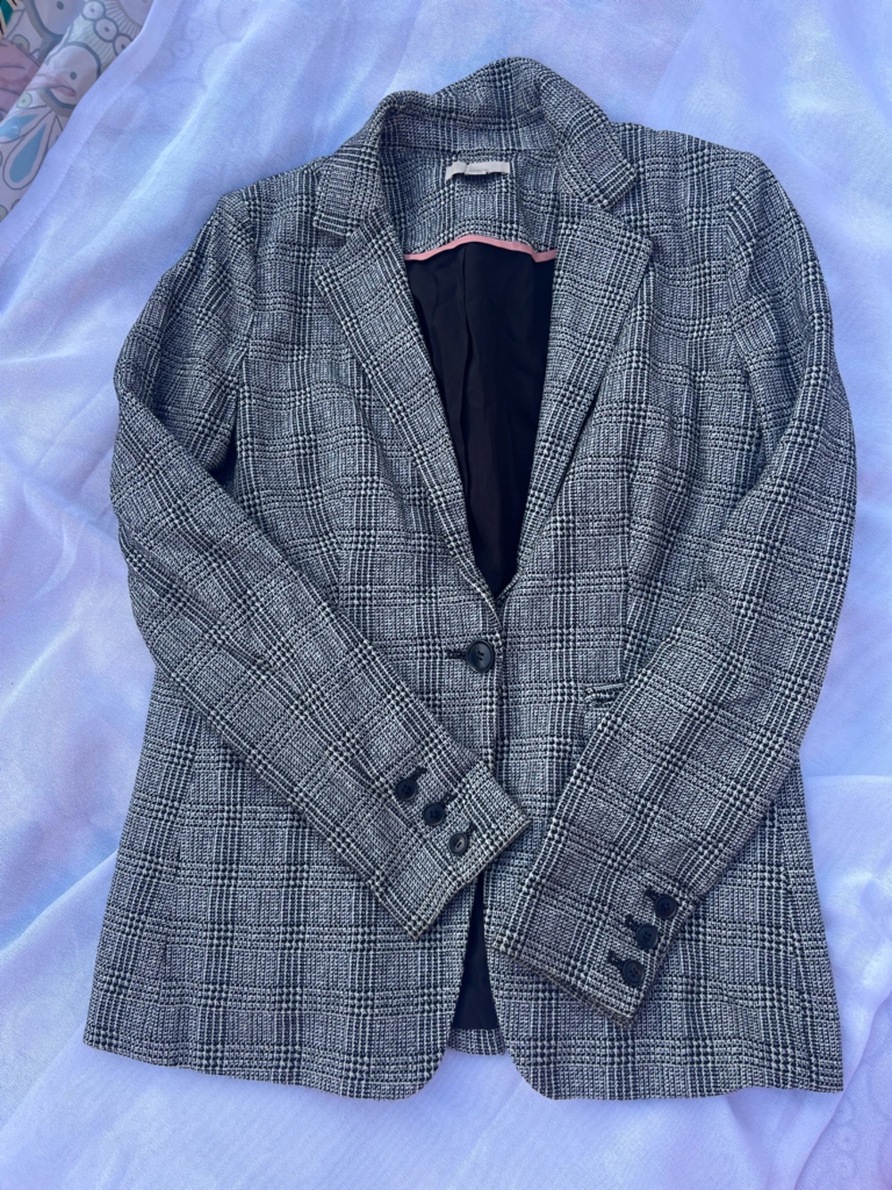 LOFT Black & White Glen Plaid Blazer with Pink Trim
